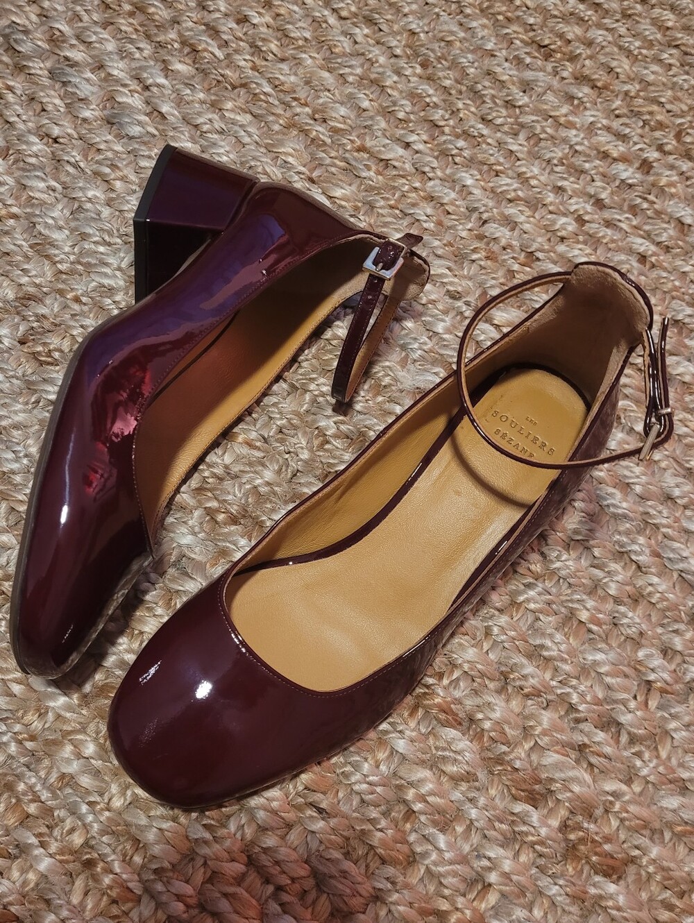 Sézane Mélanie Burgundy Patent Ankle Strap Mary Jane Heels French Chic 39
